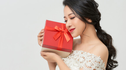 Happy asian woman in dress holding gift box and looking at the camera while enjoys over white background