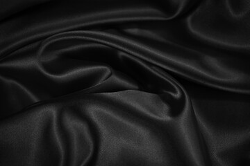 Wall Mural - Black white background. Beautiful satin texture background. Black shiny smooth wrinkled fabric surface.