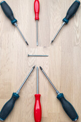 screwdriver and a screw on wooden background