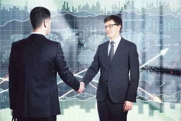 Poster - Two businessmen shake hands on the background of growing financial charts and upward arrows, deal concept