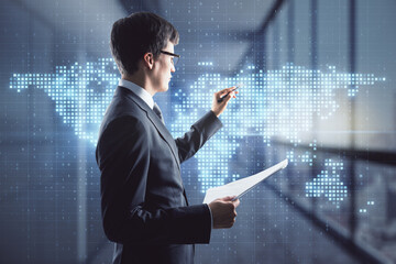 Poster - Businessman working with digital world map hologram, globalization and networking concept