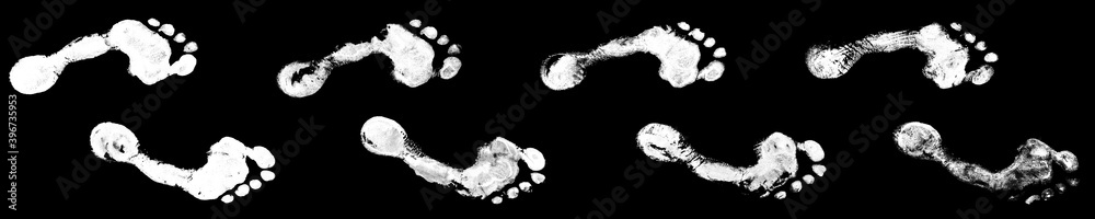 Human white footprints way black background isolated, barefoot person ...