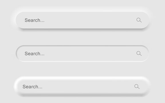 Set of White Search bar form templates of neomorphic interface. Neomorphism trendy 2020 design elements, UI components. Vector layout illustration isolated objects for website, interface, social media