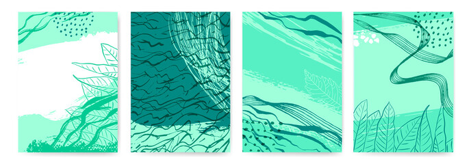 Poster - Set of templates with background textures and hand drawn plants. Greenish color.