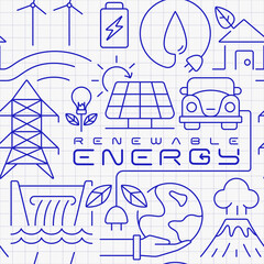 renewable energy seamless pattern, line art. this design can be used as a background for banners, flyers, and different kinds of advertisement