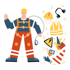 Wall Mural - Construction or factory worker wearing hard hat, safety harness, work clothing and safety boots. Man ready to work at height. Safety equipment and PPE clipart with danger sign, tools, road cone, lock