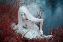 White-haired Lady Of The Lake In Red Grass