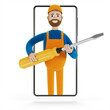 © artemp1 - Electrician builder with a big screwdriver in the smartphone screen. Husband for an hour. Electrician, plumber, carpenter, calling the foreman to work. 3D illustration in cartoon style.