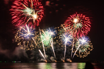 Wall Mural - Colorful of fireworks In the sea display on sky background