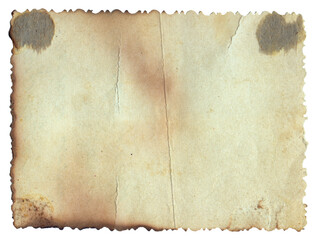 Old vintage texture retro paper with burned stains and scratches background isolated