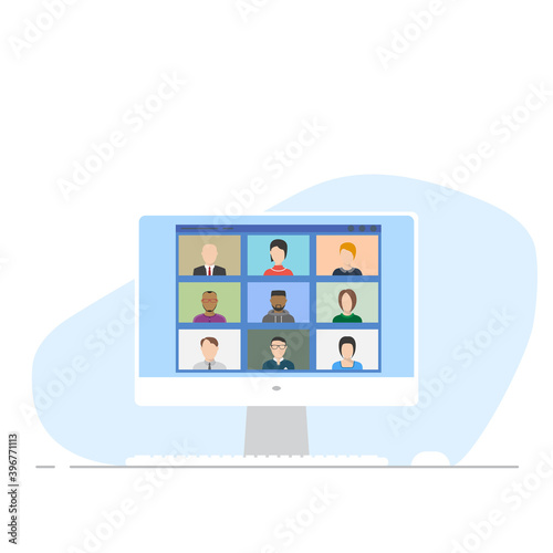 Online conference on computer web app. Flat style monitor, keyboard and white mouse with online video chat. Online working and online office. Web education and studying.  © ikonstudio
