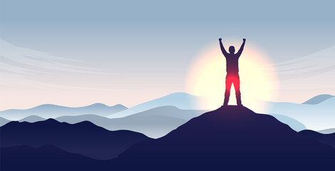 Mountaintop hands in air - Winner person standing on mountain peak cheering with epic view. Freedom and personal success concept. Vector illustration with copy space for text.