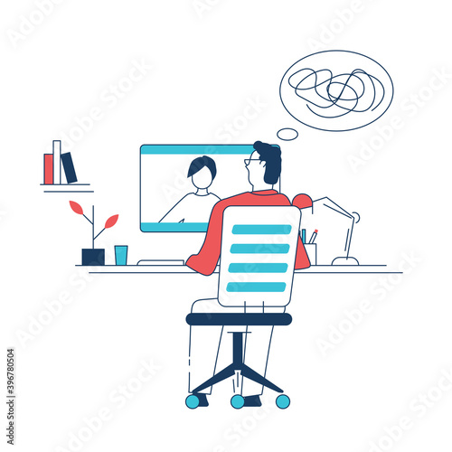 Man sitting on chair and talking to woman online. Professional psychotherapist talking to client. Home office interior with books and plants. Doctor helping patient line style vector illustration. © ikonstudio