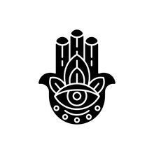 Hamsa Hand Black Glyph Icon. God Hand. Eye In Middle. Five Senses To Praise God. Protection Against Evil Eye. Luck, Good Fortune. Silhouette Symbol On White Space. Vector Isolated Illustration