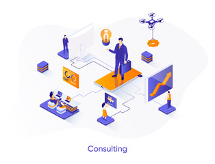 Leinwandbilder - Consulting isometric web banner. Competent business expertise and law assistance isometry concept. Financial audit, accounting services 3d scene design. Vector illustration with people characters.