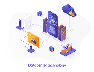 Aufkleber - Datacenter technology isometric web banner. Internet hosting platform isometry concept. Data center computing, cloud database service 3d scene, flat design. Vector illustration with people characters.