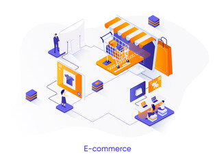 Wall Mural - E-commerce isometric web banner. Online shopping platform isometry concept. Customer support 3d scene, purchase order and delivery service flat design. Vector illustration with people characters.