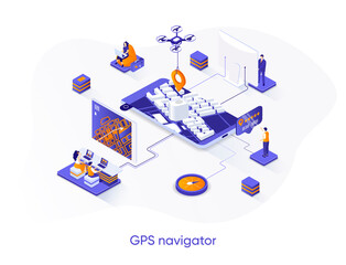 Leinwandbilder - GPS navigator isometric web banner. Geolocation and navigation system isometry concept. Route planning, orientation and direction solution 3d scene design. Vector illustration with people characters.