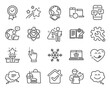 © blankstock - Technology icons set. Included icon as Air conditioning, Winner podium, Tested stamp signs. Global business, Phone messages, Recovery devices symbols. Atom, Customisation, Smile chat. Vector