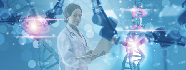 Wall Mural - soft focus-doctor use computer laptop control robotic arm,review and find talent from dna,concept fu