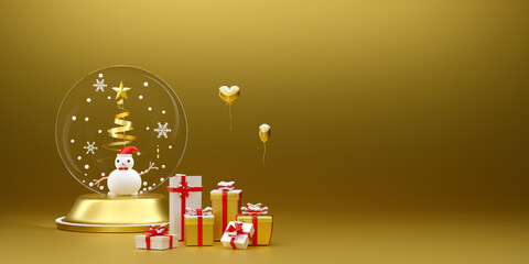 Wall Mural - snow globe and Christmas tree with snow man and Gift box in Gold composition for modern stage display and minimalist mockup ,Concept Christmas and a festive New Year, 3d illustration or 3d render