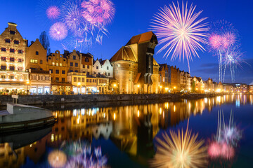 New year celebrate fireworks over Old Town of Gdansk. Poland, Europe