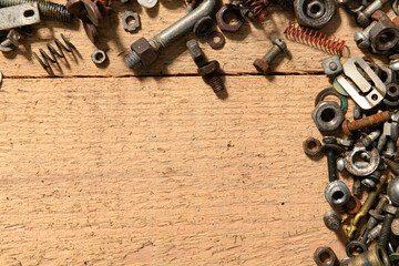 Wall Mural - frame with blank space or place for text from old vintage hand tools, screws and nuts on a wooden background