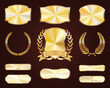 Set of golden shields. Luxury gold labels. Glossy metal badges. Collection of seals, laurel, ribbon