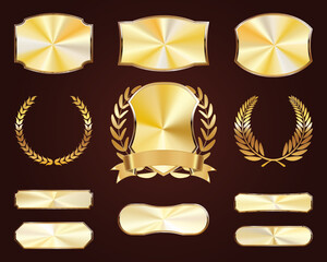 set of golden shields. luxury gold labels. glossy metal badges. collection of seals, laurel, ribbon