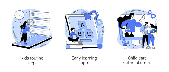 Childcare technology solutions abstract concept vector illustration set. Kids routine and early learning app, child care online platform, newborn application, babysitter search abstract metaphor.