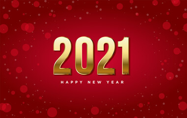 Wall Mural - 2021 happy new year banner golden color numbers on a red snowflakes background. vector illustration.