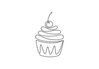 Wall Mural - Muffin cake one single line drawing for logo. Sweet cupcake with cherry, delicious pastry online shop icon restaurant badge concept. Modern hand draw vector illustration