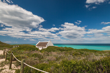 Scenic view of sand dunes and old cape dutch style house at De Hoop nature Reserve, South Africa.