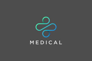 Wall Mural - Modern Healthcare Medical Logo. Blue and Green Geometric Linear Rounded Cross Sign Health Icon Infinity Style isolated on Dark Background. Flat Vector Logo Design Template Element.