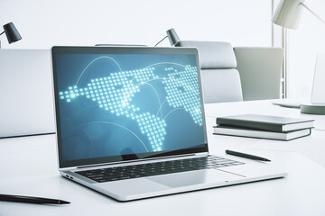 Aufkleber - Abstract creative world map with connections on modern laptop screen, international trading concept. 3D Rendering