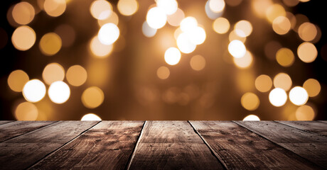 Wall Mural - Wooden holiday empty table, night view, blurred bokeh lights background.