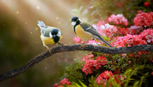 Fantasy Portrait Of Two Tit Birds Sitting On Tree Branch In Magical Enchanted Fairy Tale Dreamy Elf Forest, Fabulous Fairytale Pink Rose Flower Garden And Cute Songbirds, Glowing Sun Rays In Morning