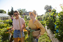 Friends With Basket Of Freshly Picked Vegetables In Community Garden