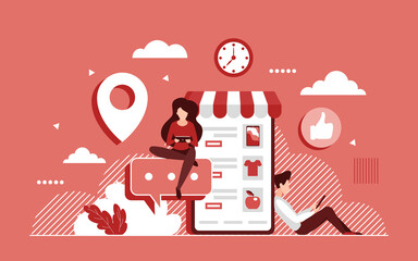 Poster - Shopping online concept vector illustration. Cartoon tiny consumer shopper people order and buy goods in internet store, using commercial mobile smartphone shop app, ecommerce advertising background