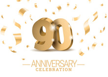 Anniversary 90. Gold 3d Dancing Numbers. Poster Template For Celebrating 90th Anniversary Event Party. Vector Illustration