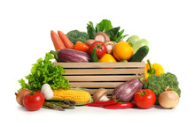 Wooden Crate With Fresh Vegetables On White Background