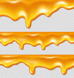 © klyaksun - Dripping gold liquid honey borders isolated on transparent background. Vector realistic set of syrup flow with drops, oil, sticky caramel or sweet orange cream