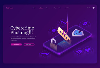Poster - Phishing cybercrime isometric landing page. Fishing hook catch account password from smartphone screen. Scammer or fraud theft personal data in internet, hacking cyber crime, 3d vector web banner