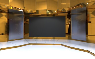 Wall Mural - Backdrop For TV Shows .TV On Wall.3D Virtual News Studio Background, 3d illustration
