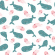 Cute baby pattern with sea animals. Whale and jellyfish drawn with colored pencil. Print for baby bedding, beachwear