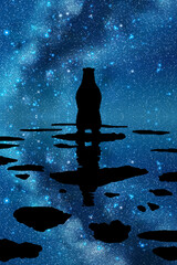Sticker - polar bear on melting ice floe at night. animal silhouette. starry sky and milky way