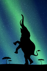 Sticker - Standing elephant at night. Animal silhouette. Green aurora borealis