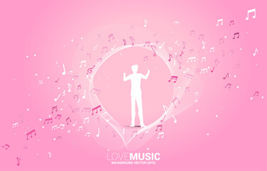 Poster - Vector silhouette of conductor standing with music melody note dancing flow . Concept background for classic music concert and recreation.