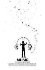 Poster - music and sound background concept.conductor and music melody note shaped headphone icon.