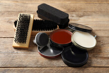 Composition With Shoe Care Accessories On Wooden Background